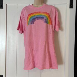 Port & Company, pink rainbow cotton tee shirt, size M